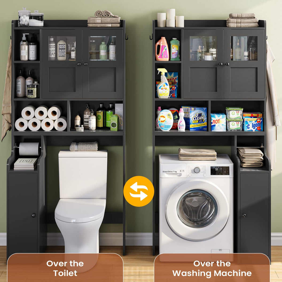Over The Toilet Storage Cabinet with Glass Doors & Toilet Paper Holder Stand D4194