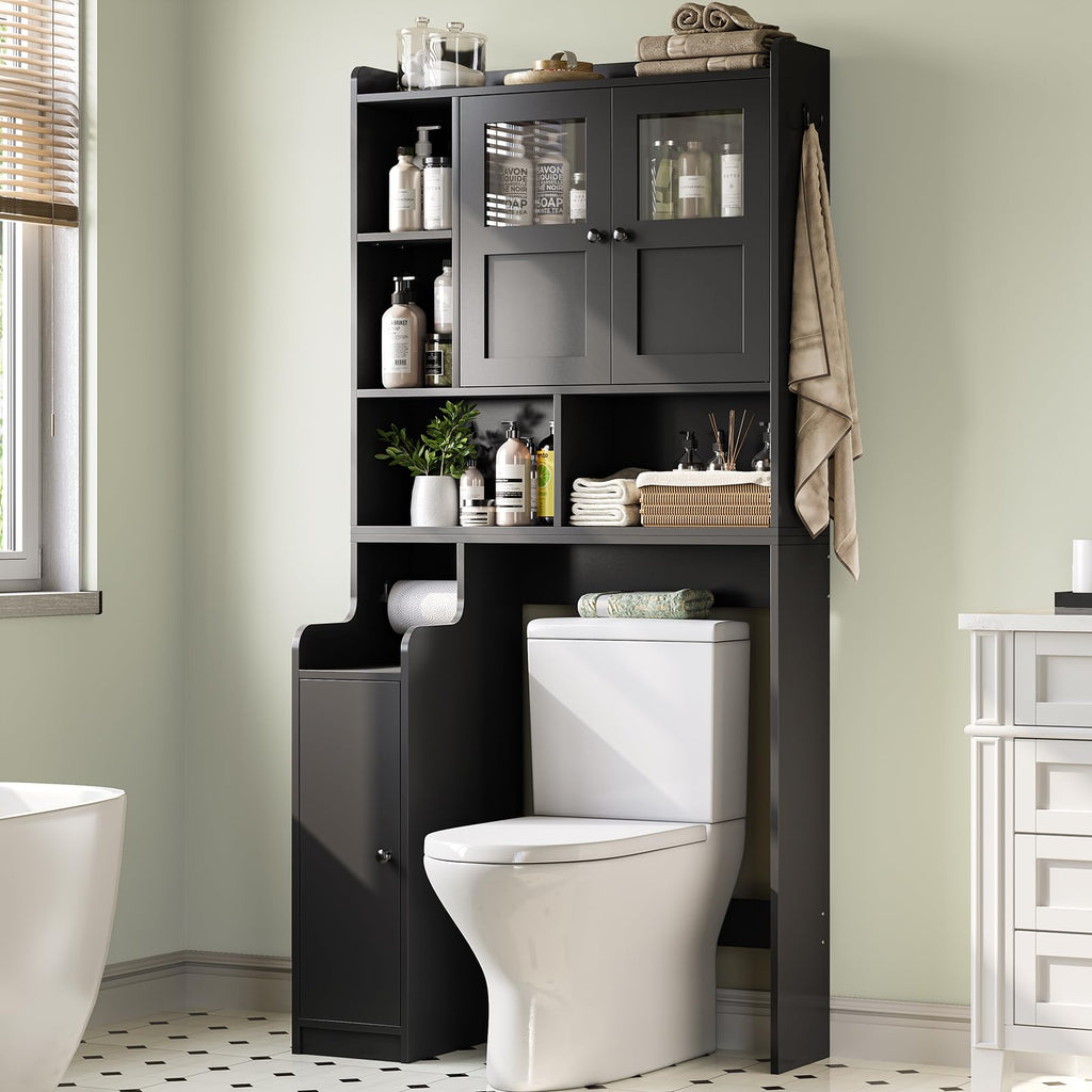 Over The Toilet Storage Cabinet with Glass Doors & Toilet Paper Holder Stand D4194