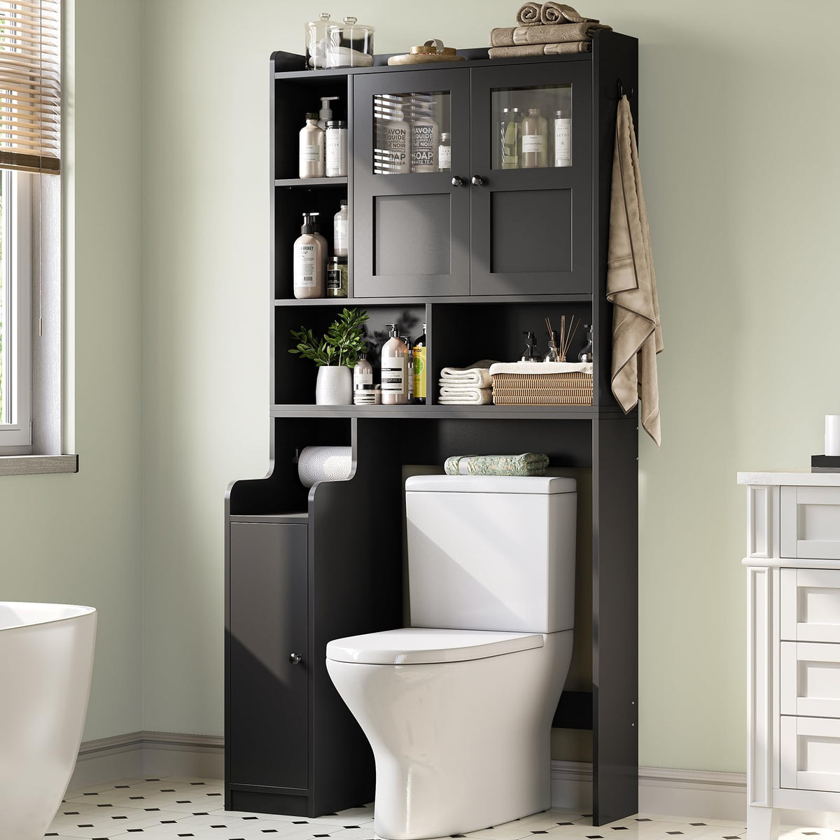 Over The Toilet Storage Cabinet with Glass Doors & Toilet Paper Holder Stand D4194