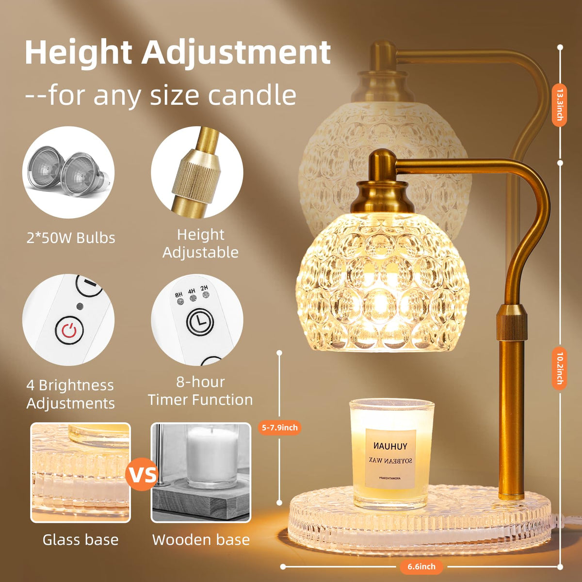 Candle Warmer Lamp with Timer & Dimmer, Height Adjustable F7567