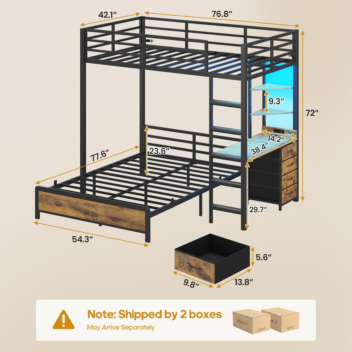 Twin Over Full Bunk Bed with Desk & 4 Storage Drawers, Black P104