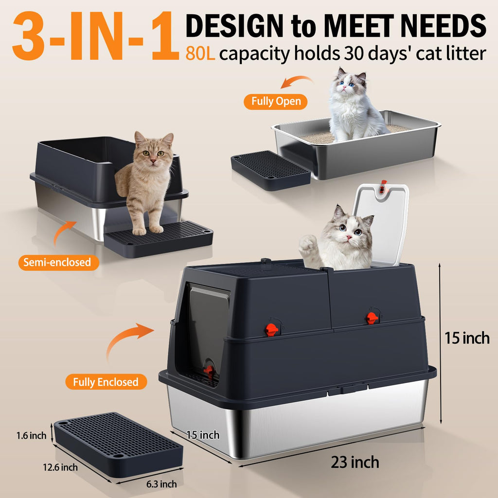 Stainless Steel Enclosed Litter Box with Lid, Extra Large, Black B250080