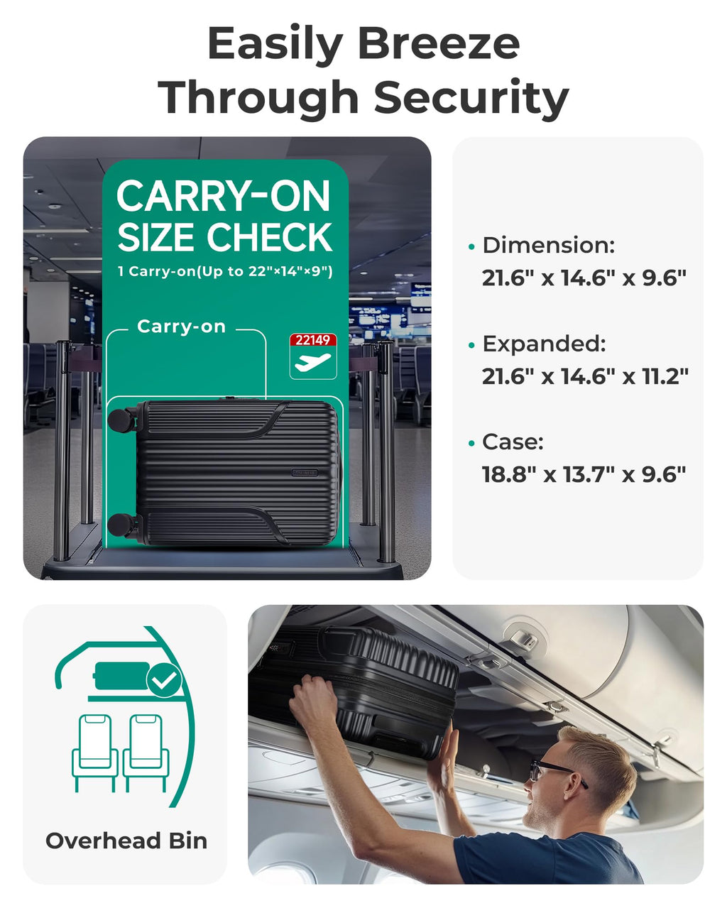 Carry On Luggage with Wheels, Black N8034