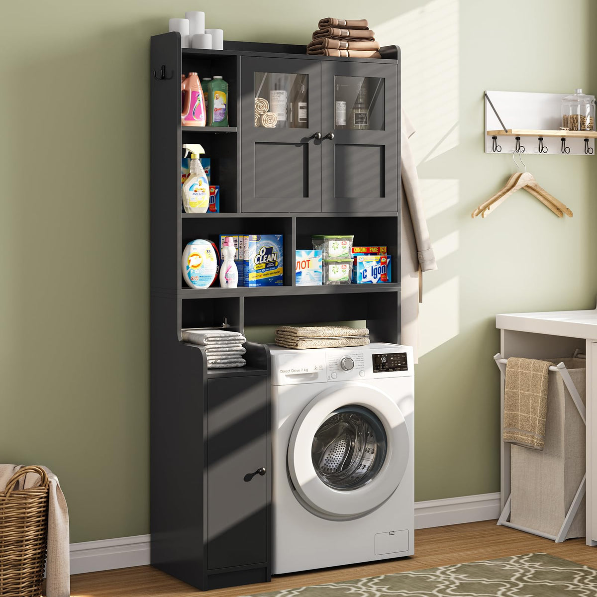 Over The Toilet Storage Cabinet with Glass Doors & Toilet Paper Holder Stand D4194