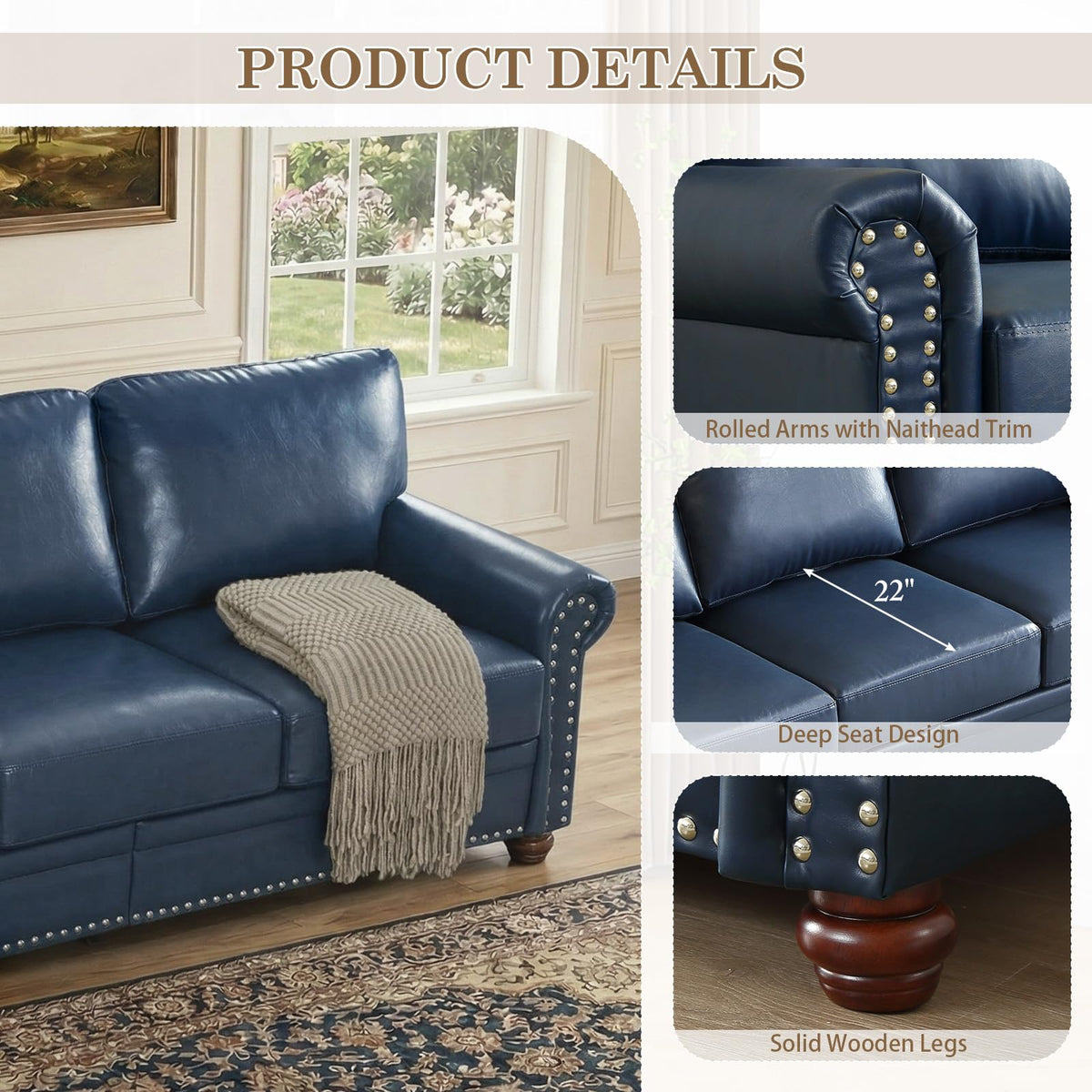 Navy Blue Faux Leather 2 Seater Sofa with Nailhead Trim G88349