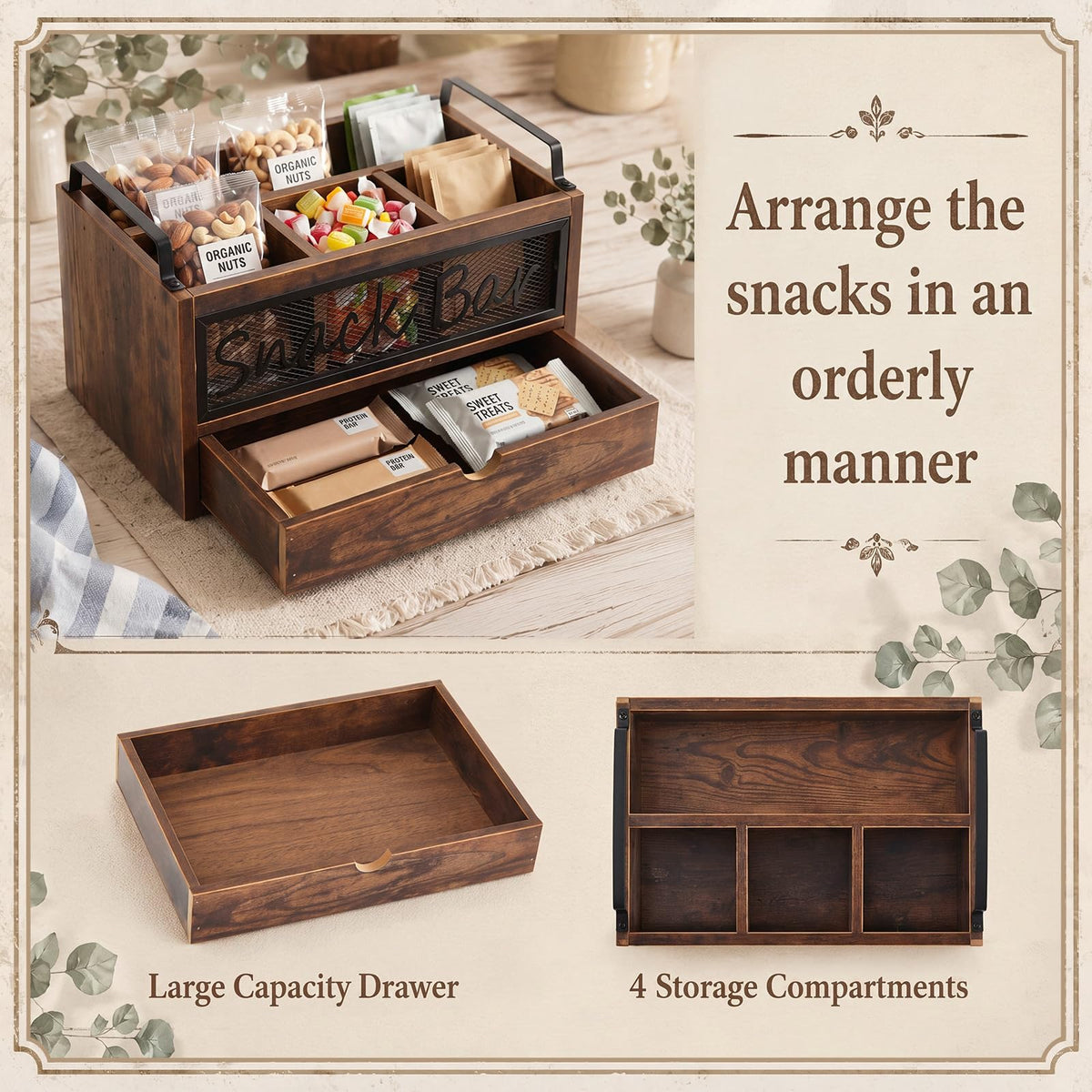 Wood Snack Bar Organizer with Drawer and Handles D1906