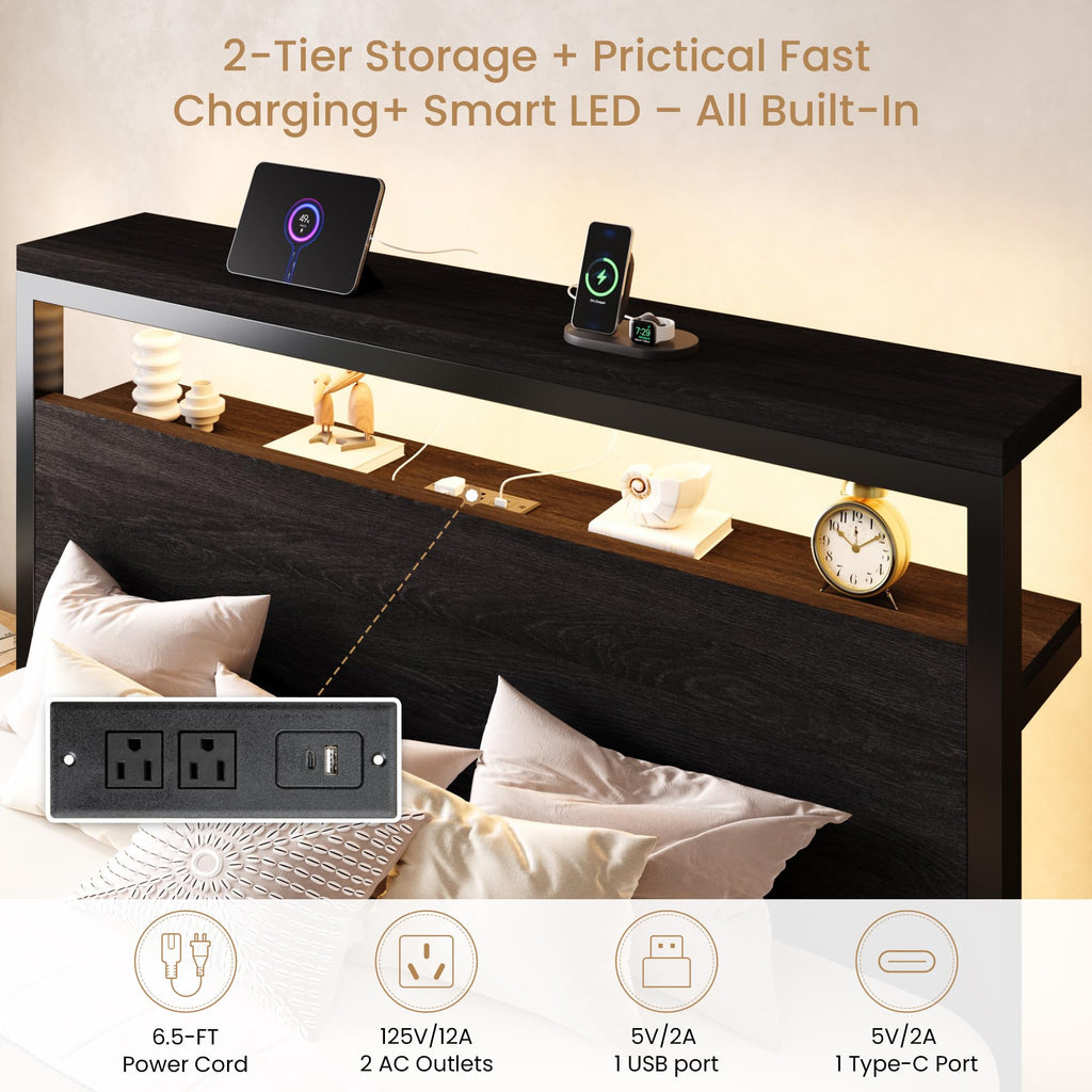 Full Bed Frame with 2-Tier Storage Headboard W78855