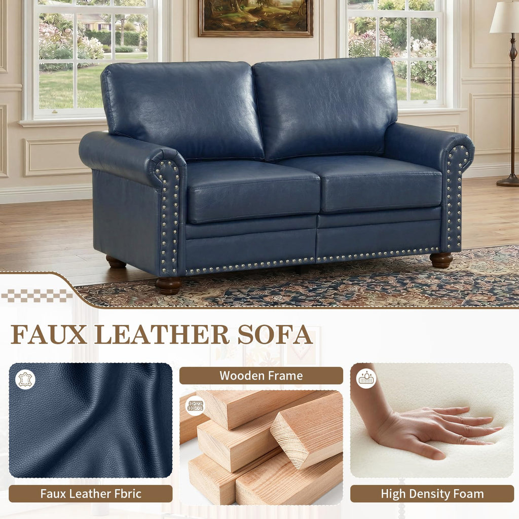 Navy Blue Faux Leather 2 Seater Sofa with Nailhead Trim G88349