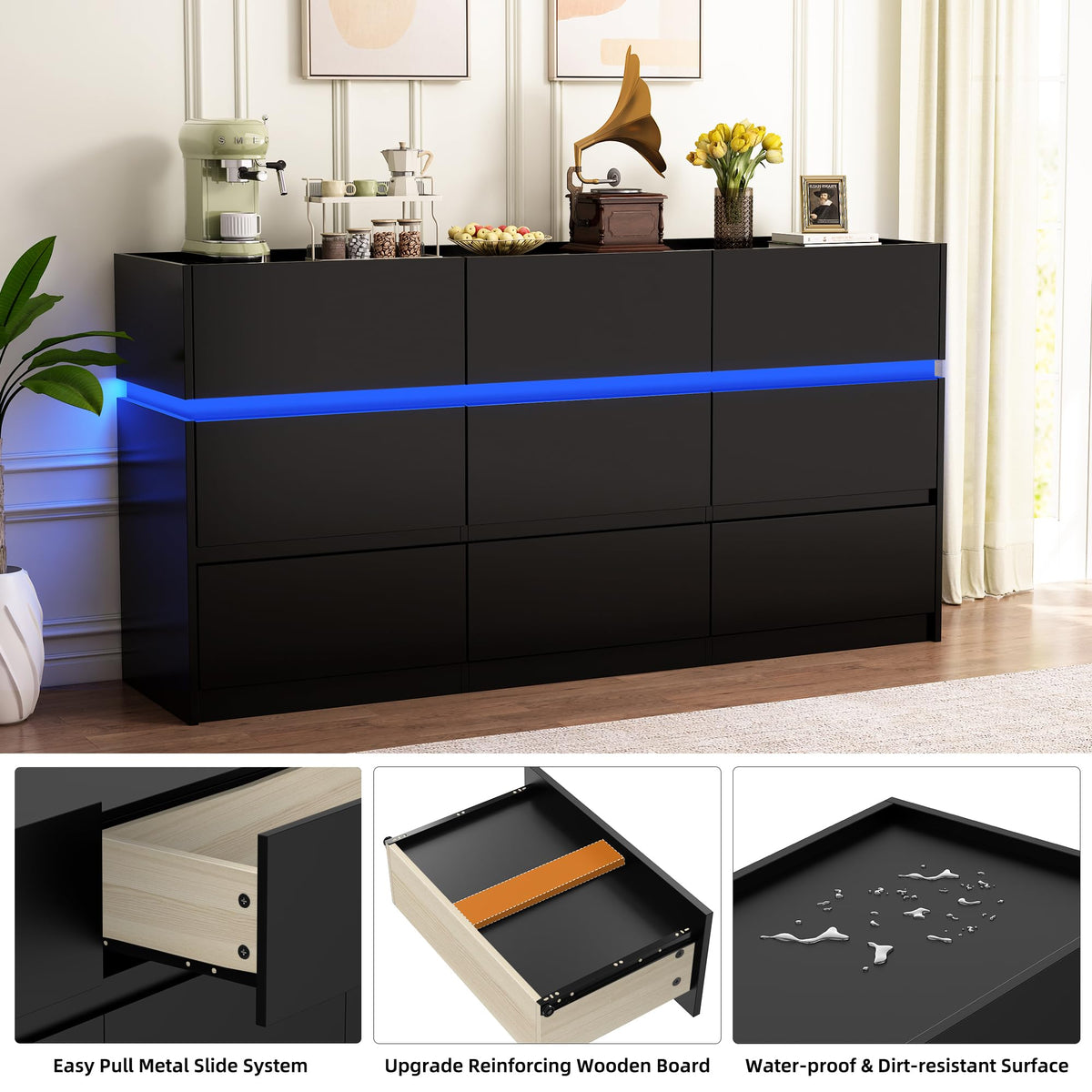 Black 9 Drawer Dresser with Charging Station and LED Lights U114275