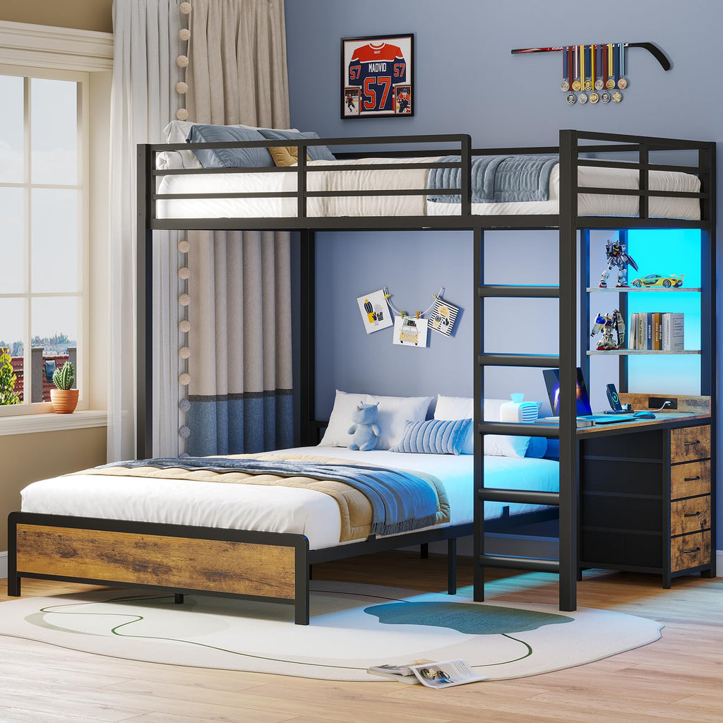 Twin Over Full Bunk Bed with Desk & 4 Storage Drawers, Black P104