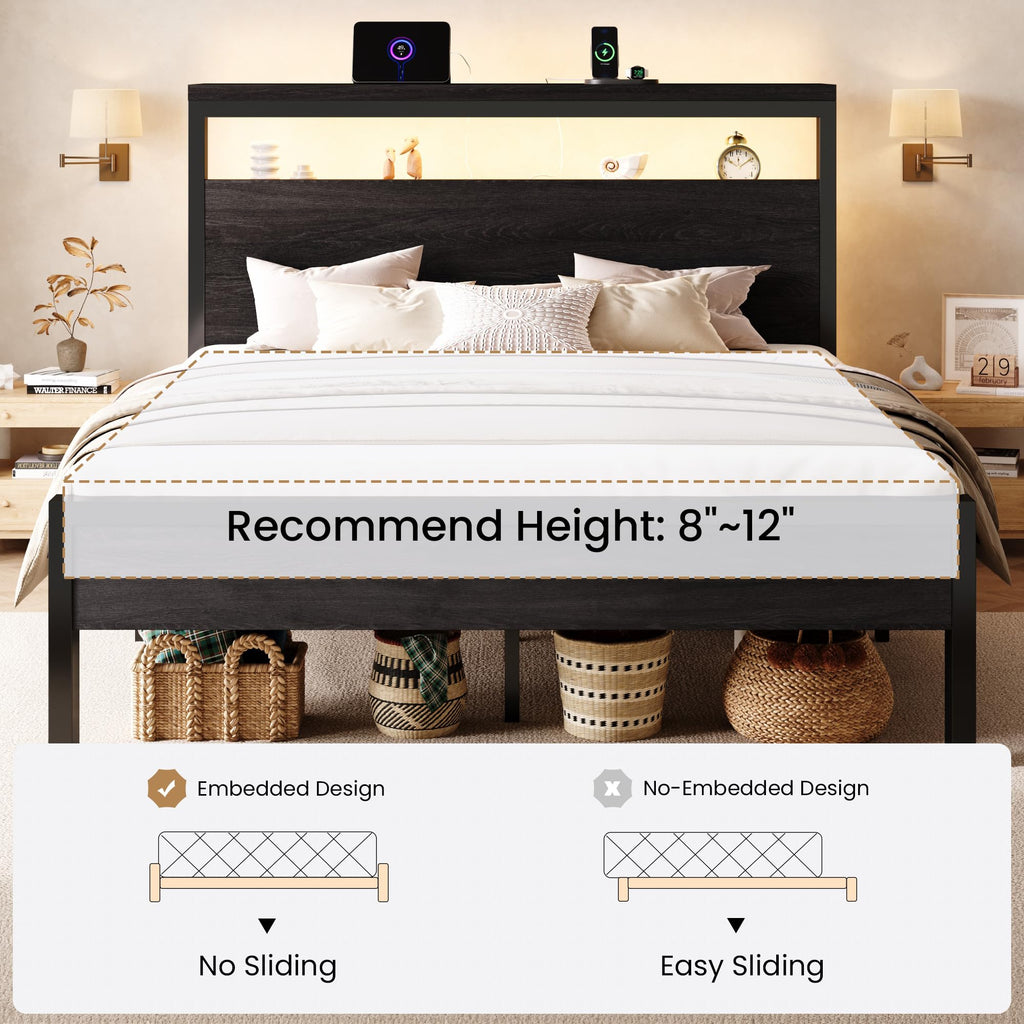 Full Bed Frame with 2-Tier Storage Headboard W78855