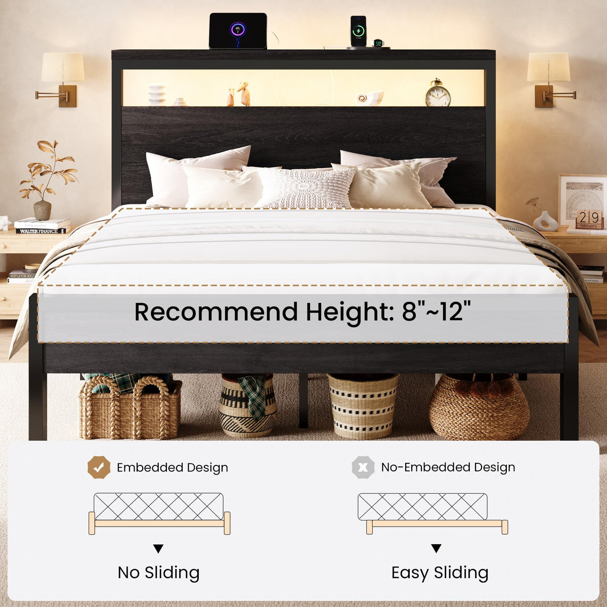Full Bed Frame with 2-Tier Storage Headboard W78855