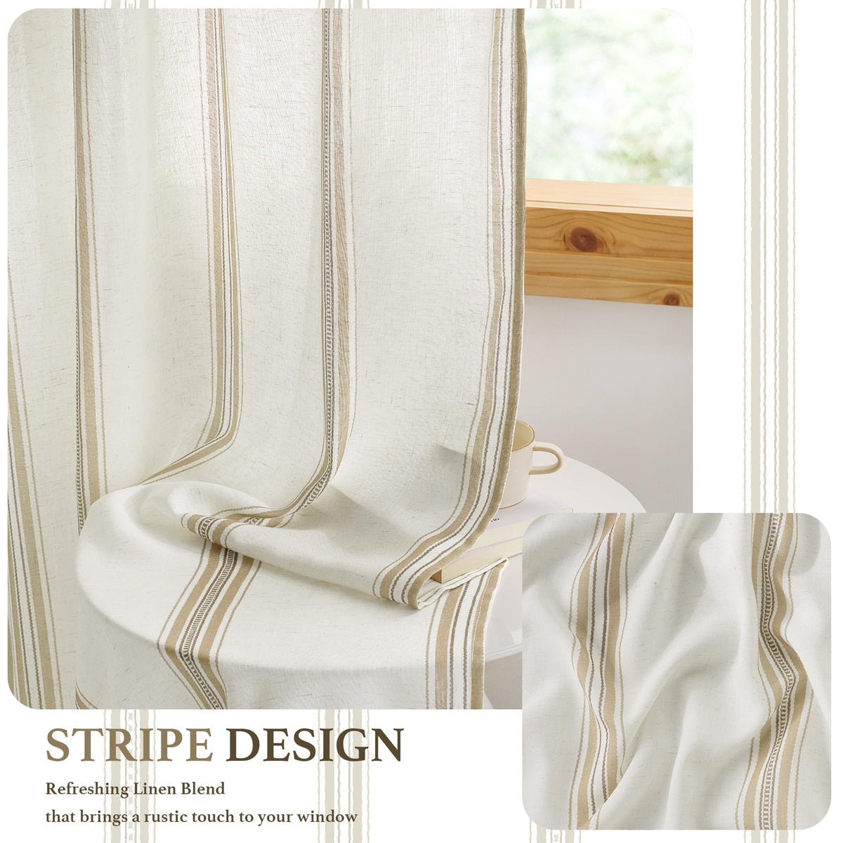 Taupe & White Stripe Linen Curtains 52 x 84 Inch S973