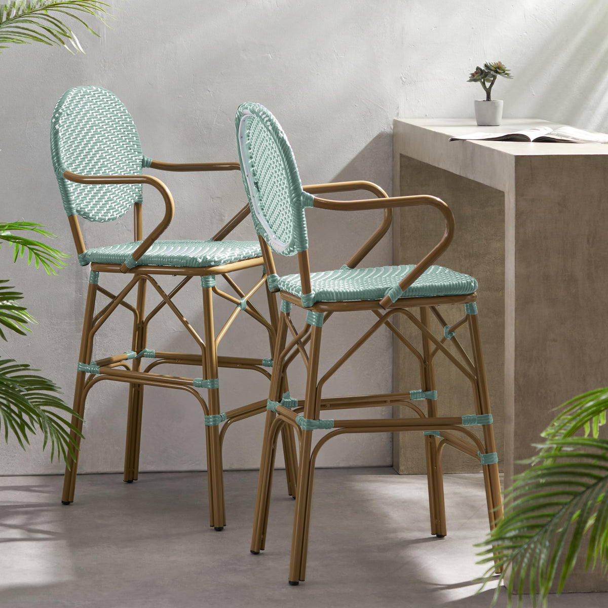 Teal Bamboo Print Wicker Aluminum Bar Stools Set of 2 R69544