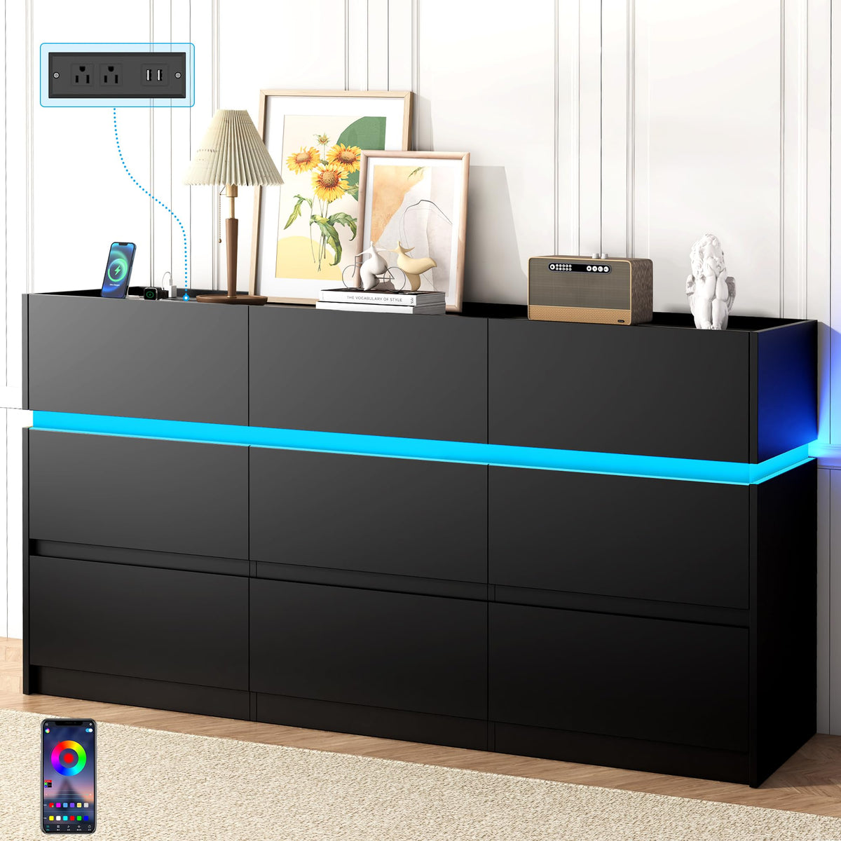 Black 9 Drawer Dresser with Charging Station and LED Lights U114275