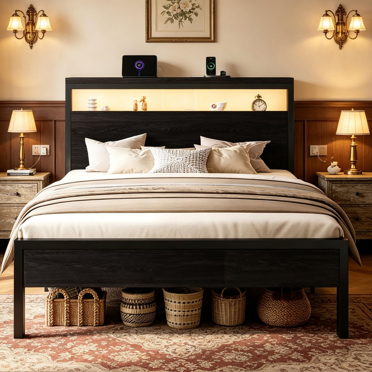 Full Bed Frame with 2-Tier Storage Headboard W78855
