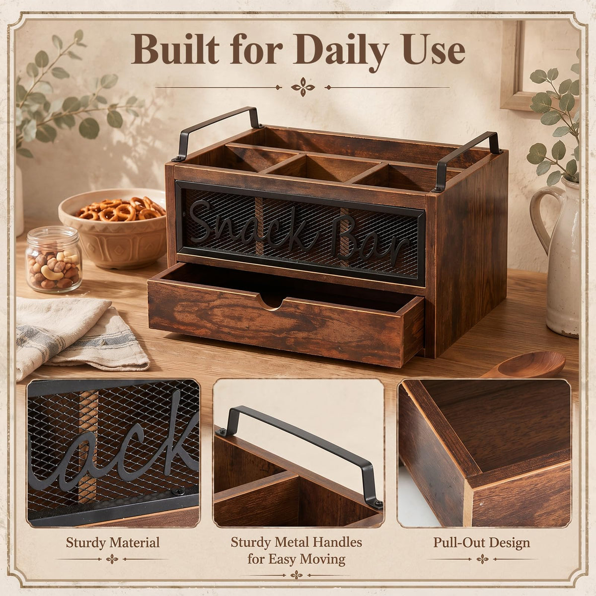 Wood Snack Bar Organizer with Drawer and Handles D1906
