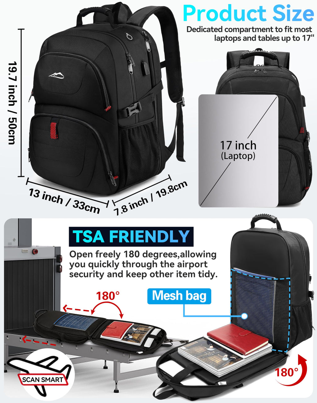 Extra Large Black Laptop Backpack with USB Charging Port T339918