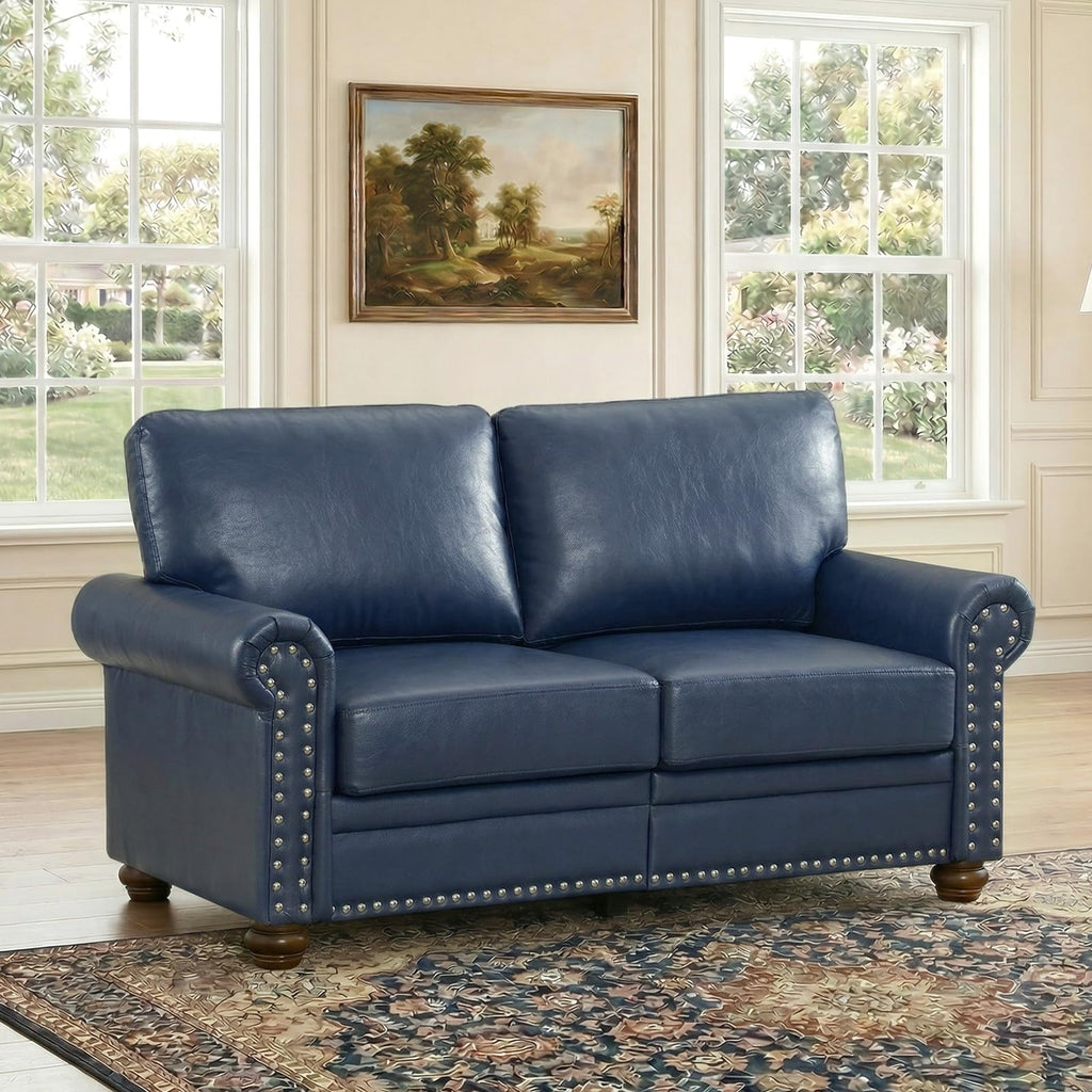 Navy Blue Faux Leather 2 Seater Sofa with Nailhead Trim G88349