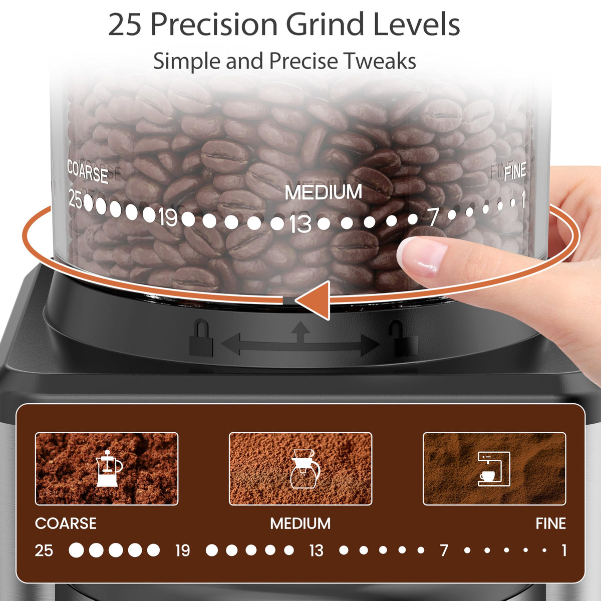 Electric Coffee Grinder with 25 Grinding Settings and 60-Second Timer W9612