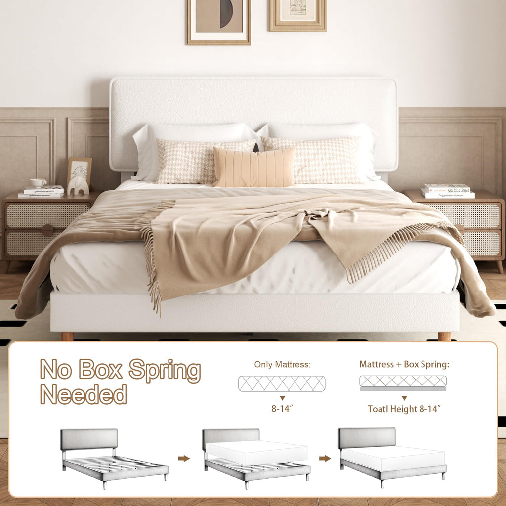 White Upholstered Bed Frame with Adjustable Headboard O3555