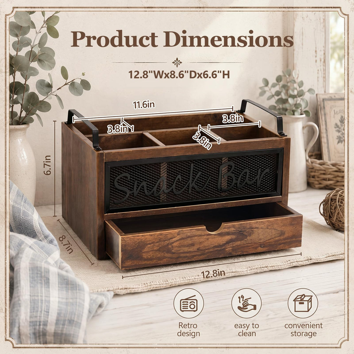 Wood Snack Bar Organizer with Drawer and Handles D1906
