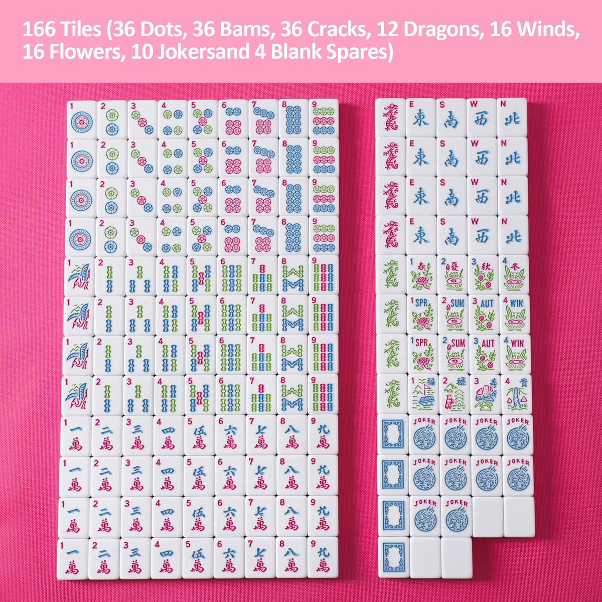American Mahjong Game Set, 166 Pink Tiles, 4 All-in-One Color Rack/Pushers & Drawstring Bag H175