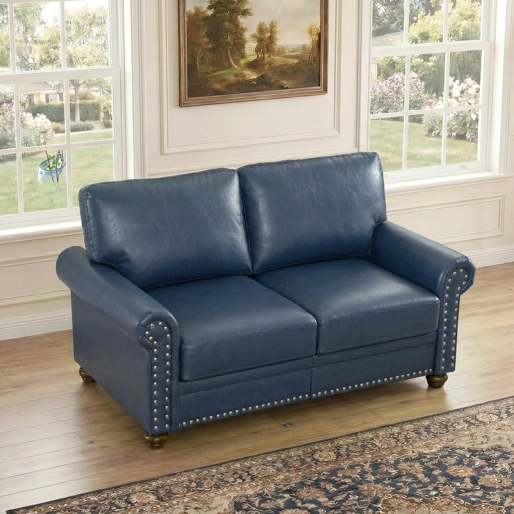 Navy Blue Faux Leather 2 Seater Sofa with Nailhead Trim G88349