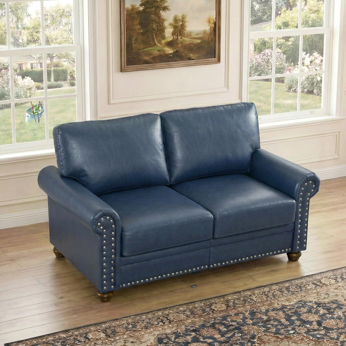 Navy Blue Faux Leather 2 Seater Sofa with Nailhead Trim G88349