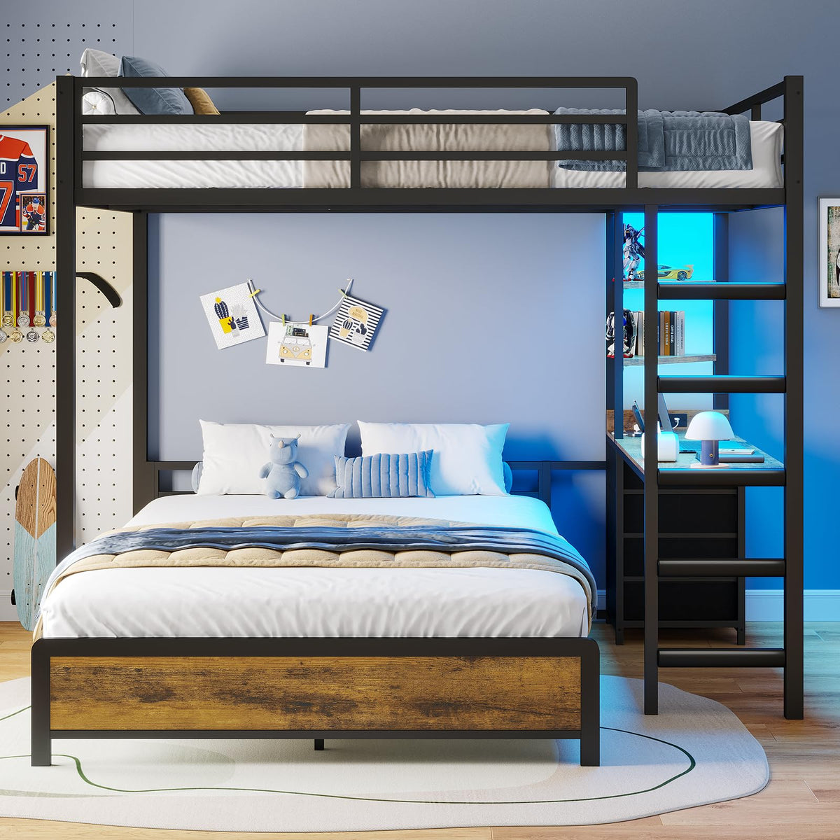 Twin Over Full Bunk Bed with Desk & 4 Storage Drawers, Black P104