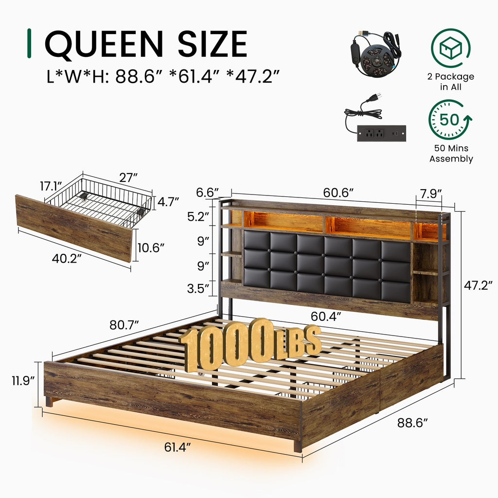 Queen Size Wooden Bed Frame with Storage Drawers B79359