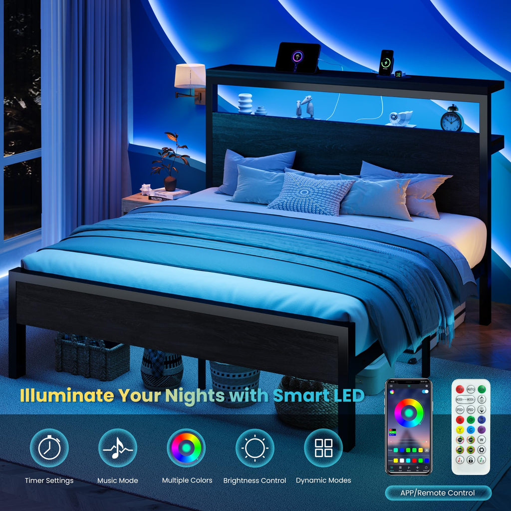 Full Bed Frame with 2-Tier Storage Headboard W78855
