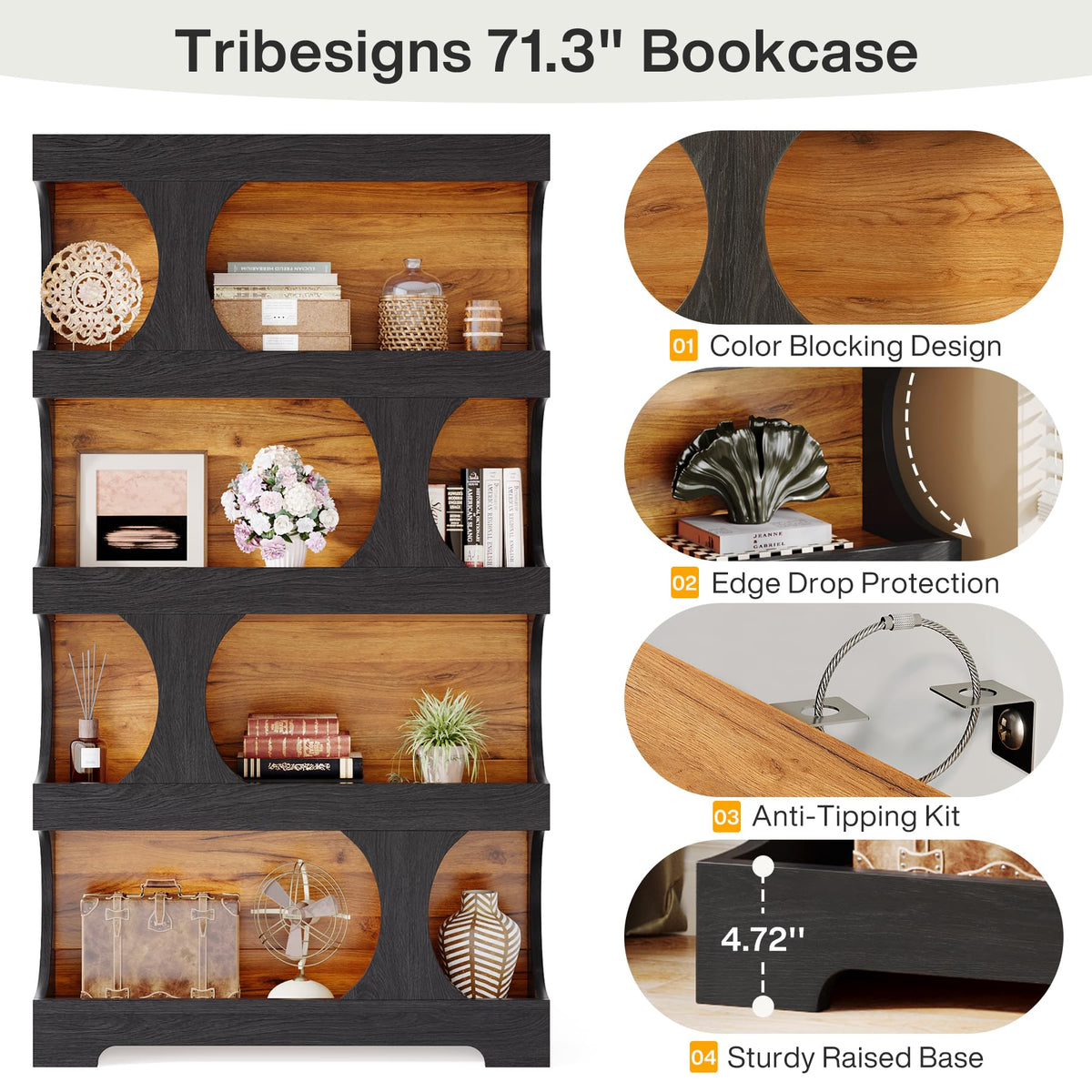71" Tall 4-Tier S-Shaped Wood Bookcase B9395