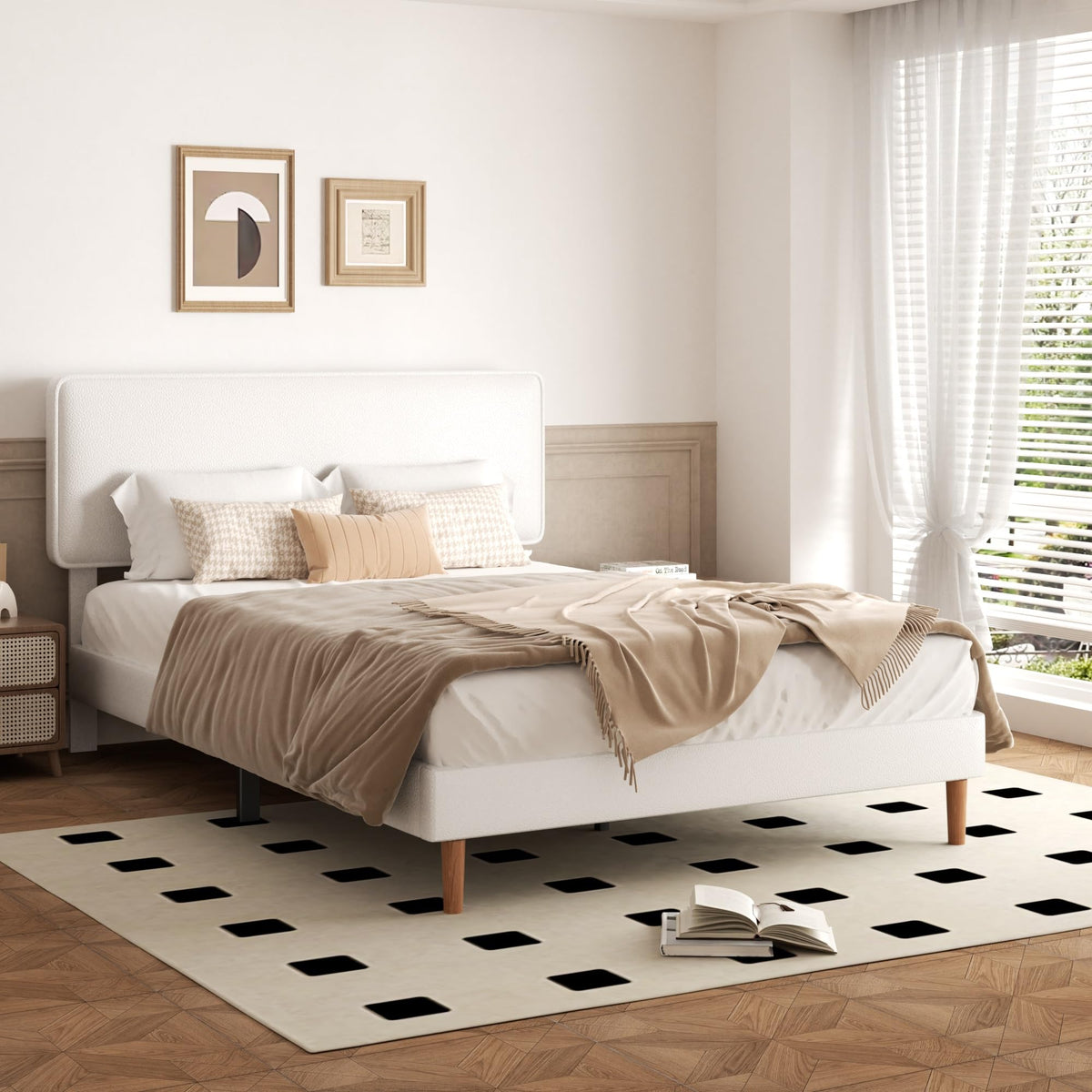 White Upholstered Bed Frame with Adjustable Headboard O3555