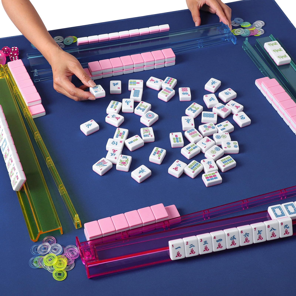 American Mahjong Game Set, 166 Pink Tiles, 4 All-in-One Color Rack/Pushers & Drawstring Bag H175