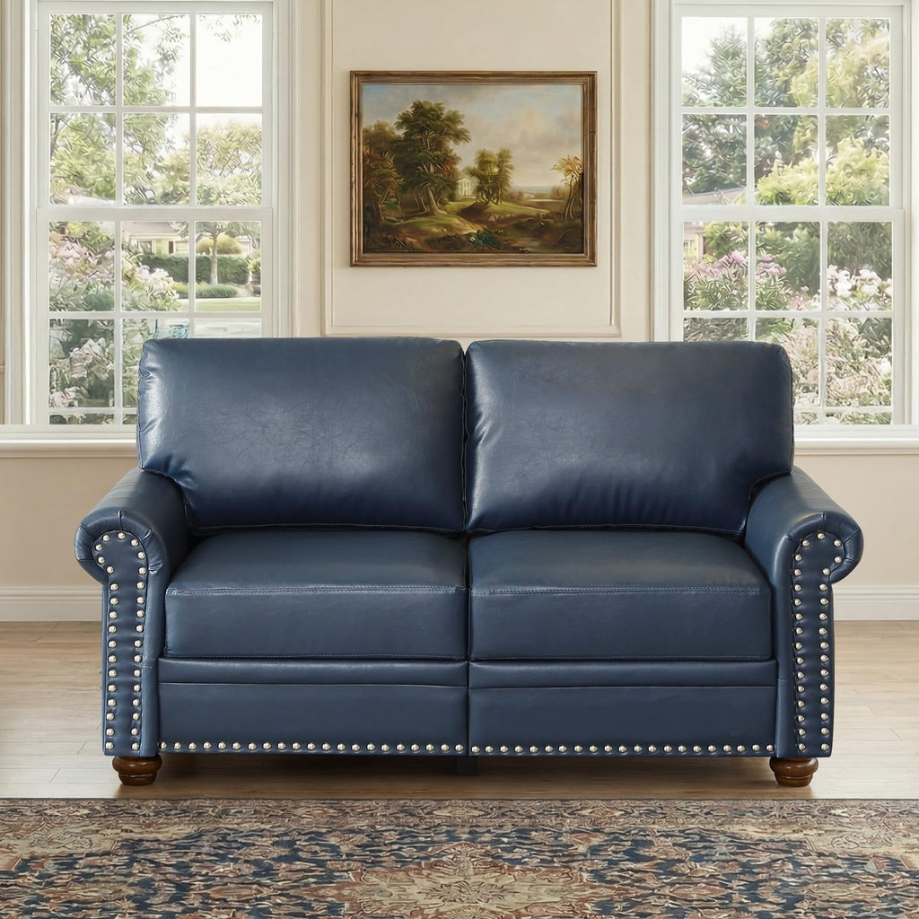Navy Blue Faux Leather 2 Seater Sofa with Nailhead Trim G88349