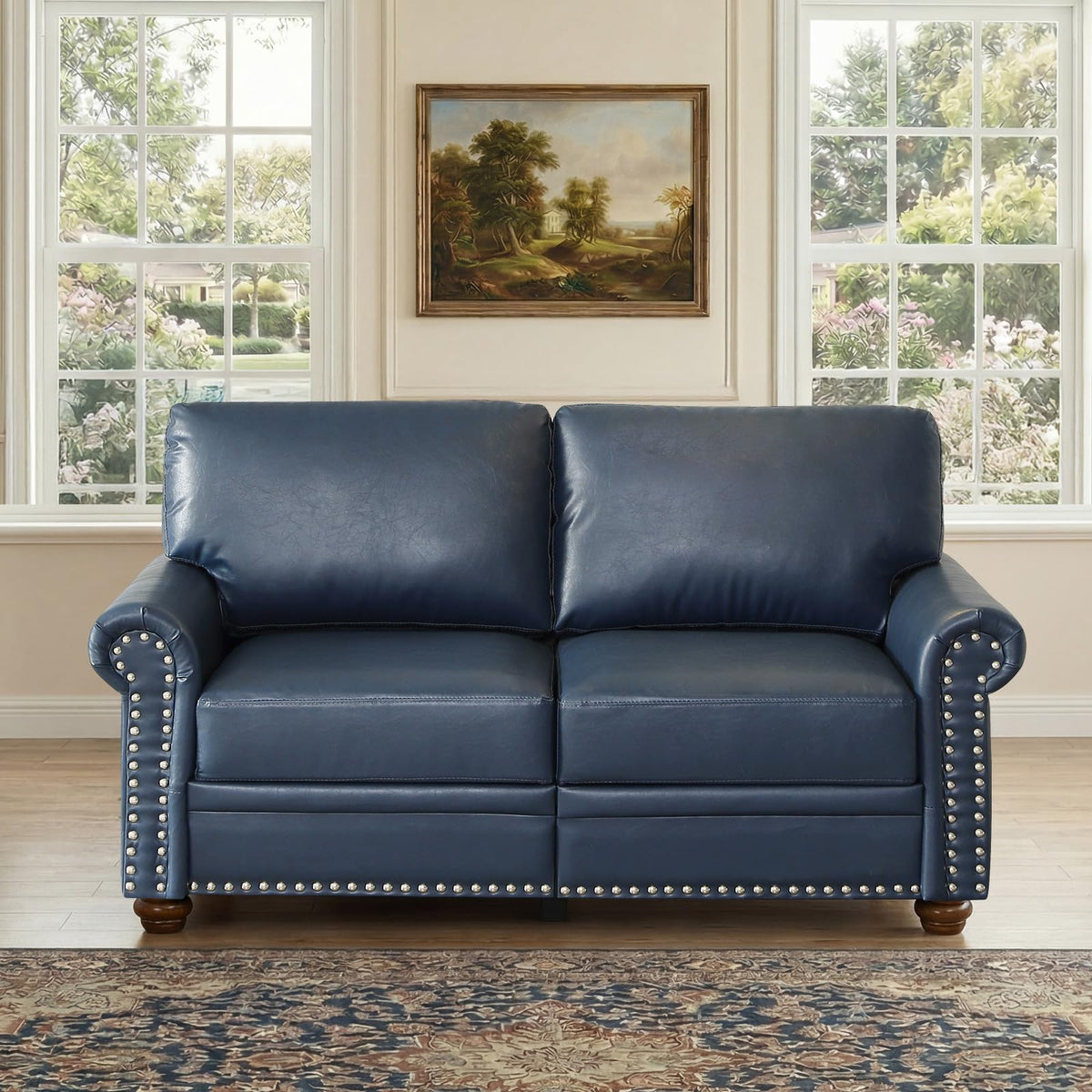 Navy Blue Faux Leather 2 Seater Sofa with Nailhead Trim G88349