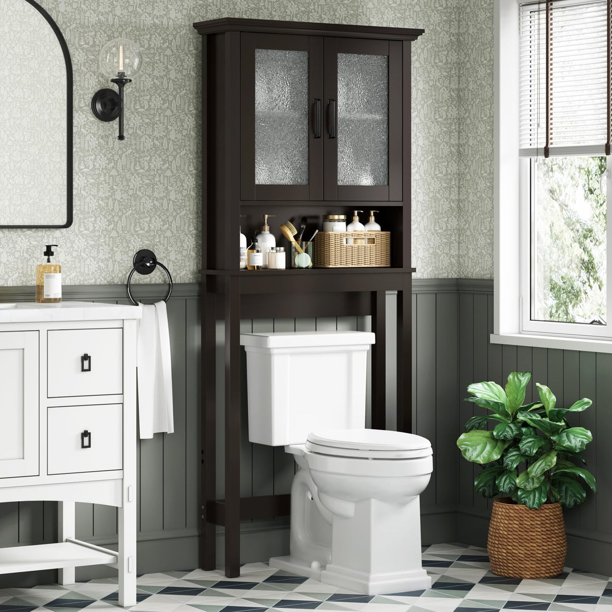 Over Toilet Storage Cabinet with Glass Doors and Adjustable Shelf F9319