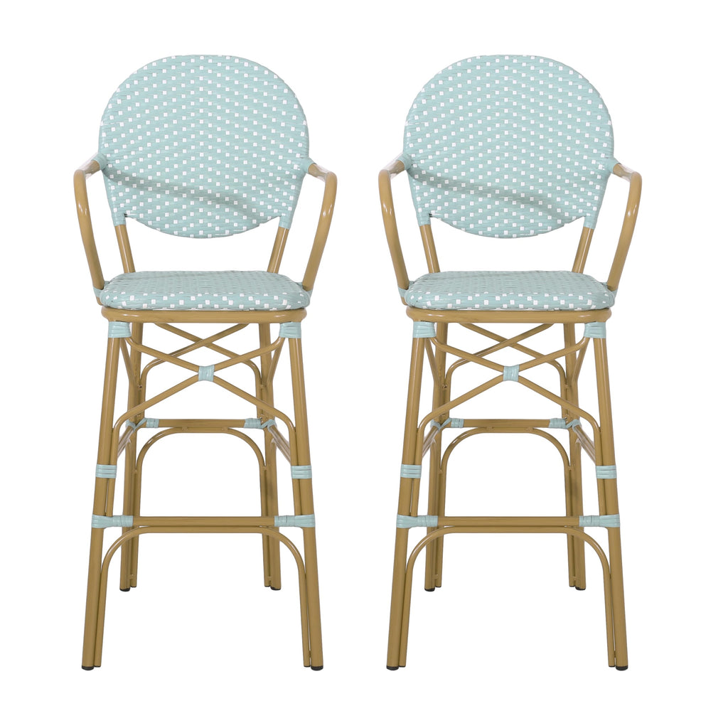Teal Bamboo Print Wicker Aluminum Bar Stools Set of 2 R69544