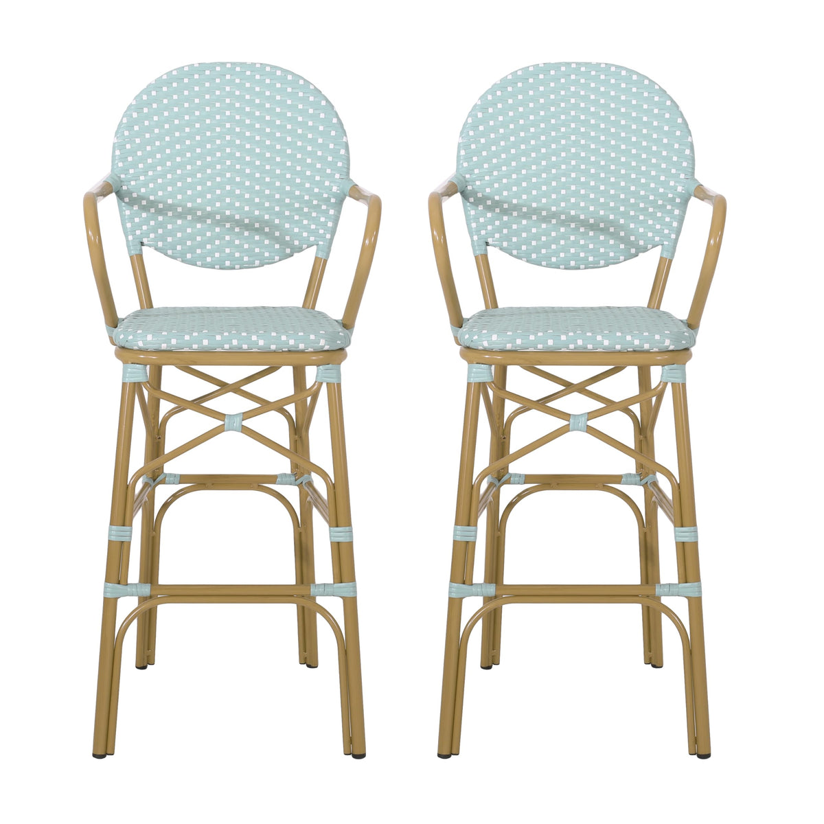 Teal Bamboo Print Wicker Aluminum Bar Stools Set of 2 R69544