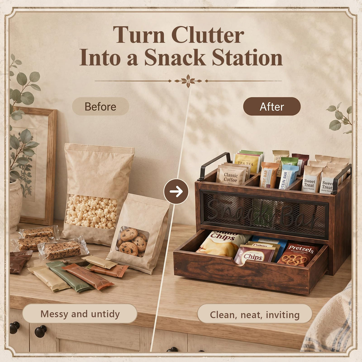 Wood Snack Bar Organizer with Drawer and Handles D1906