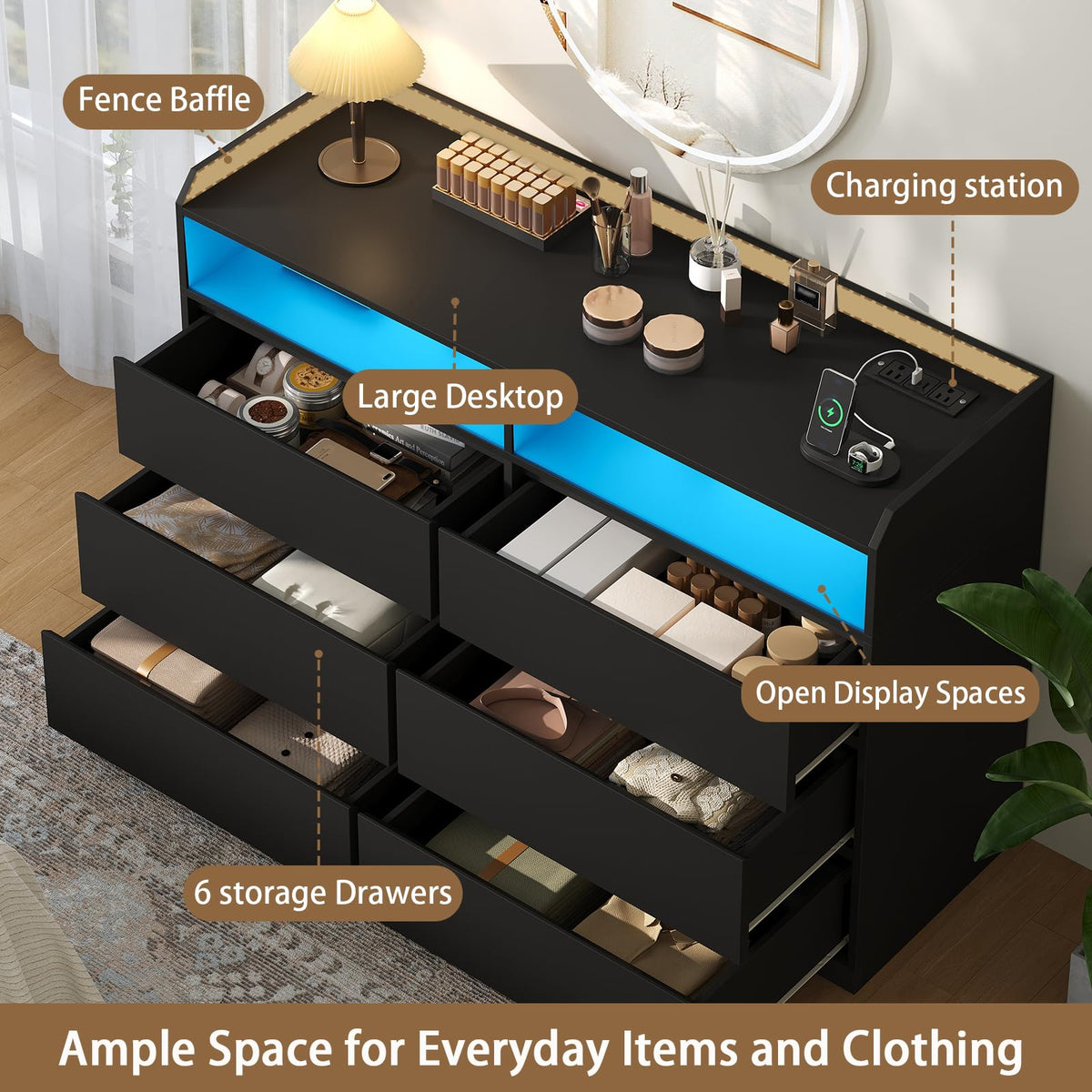 Black Dresser with LED Lights and Power Strip O872