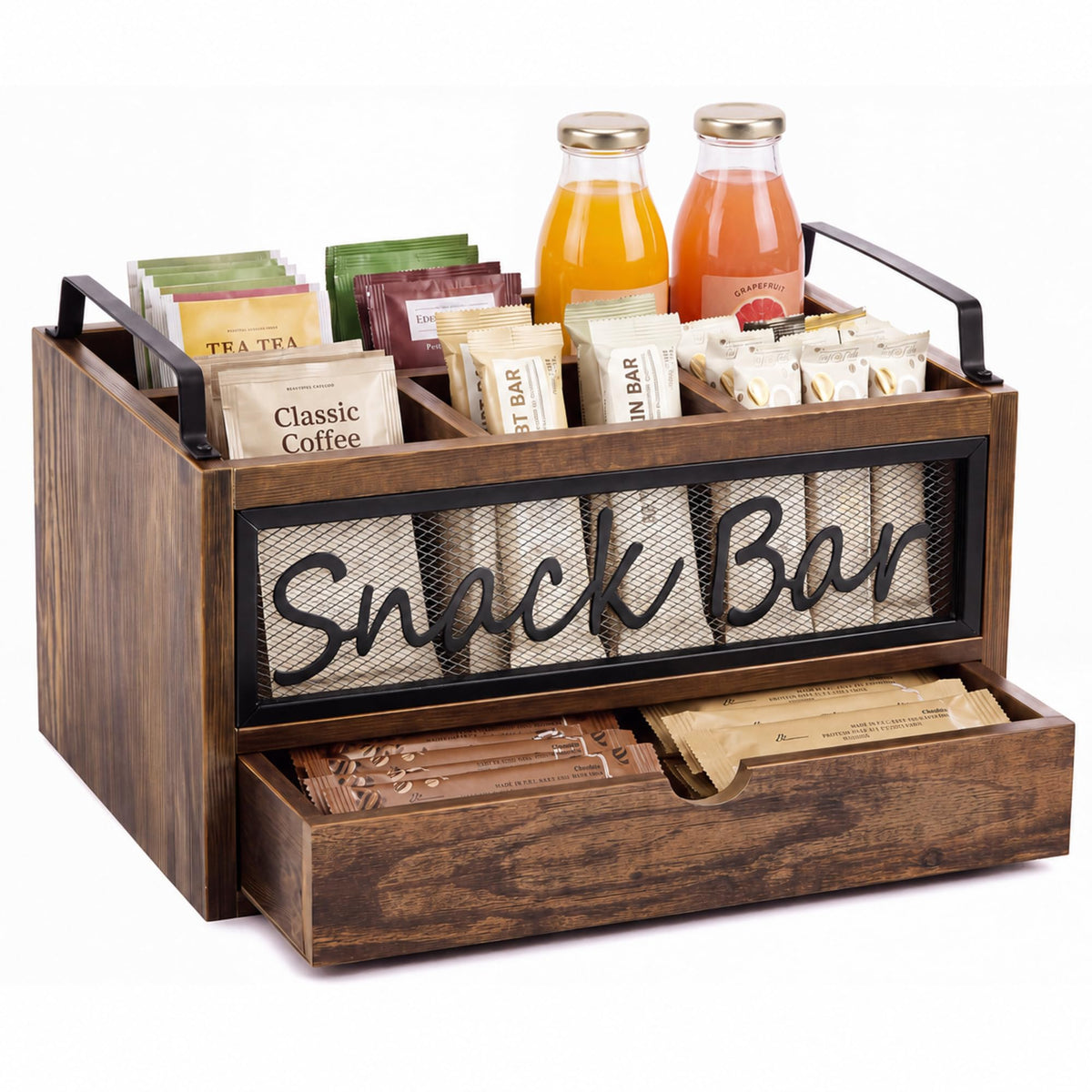 Wood Snack Bar Organizer with Drawer and Handles D1906