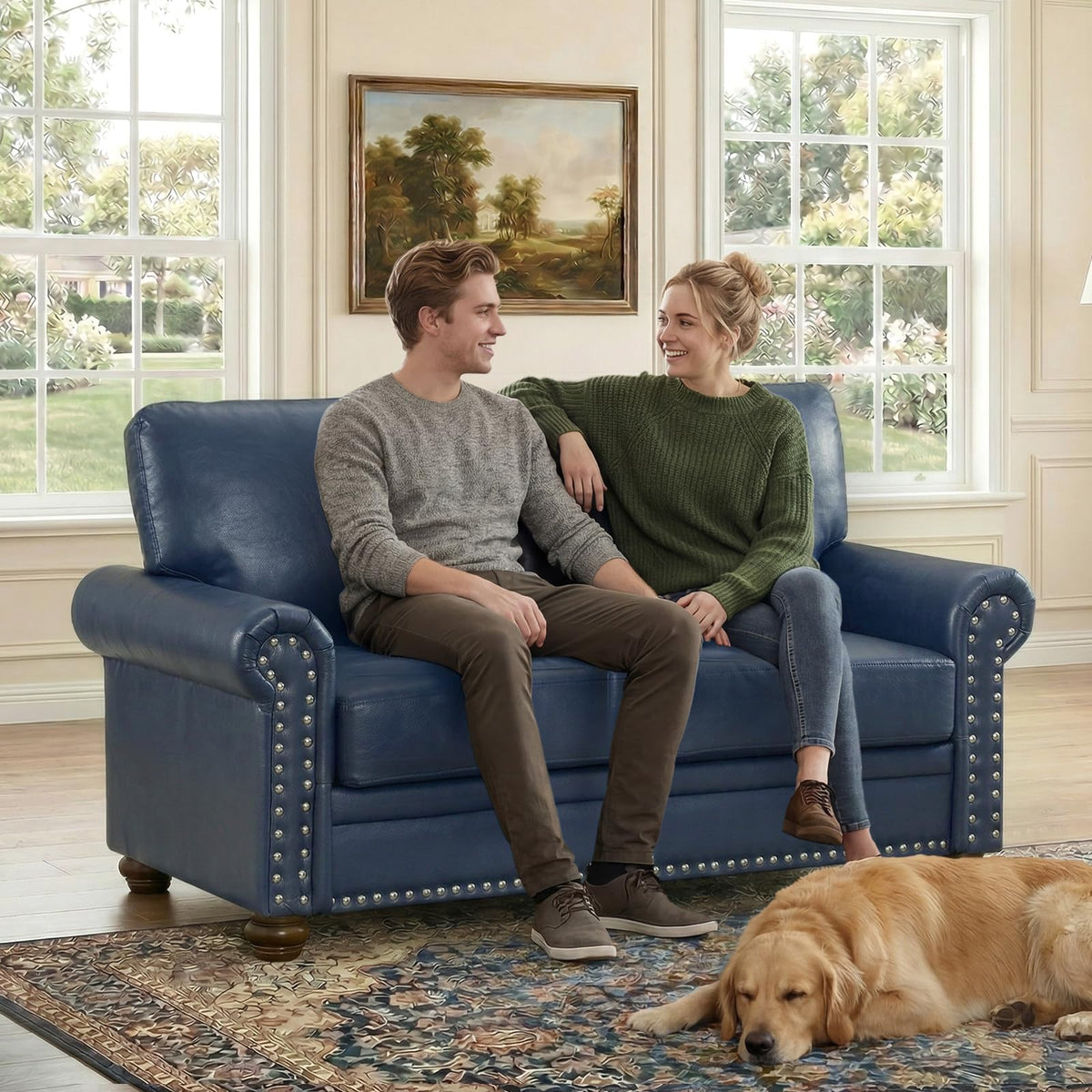 Navy Blue Faux Leather 2 Seater Sofa with Nailhead Trim G88349