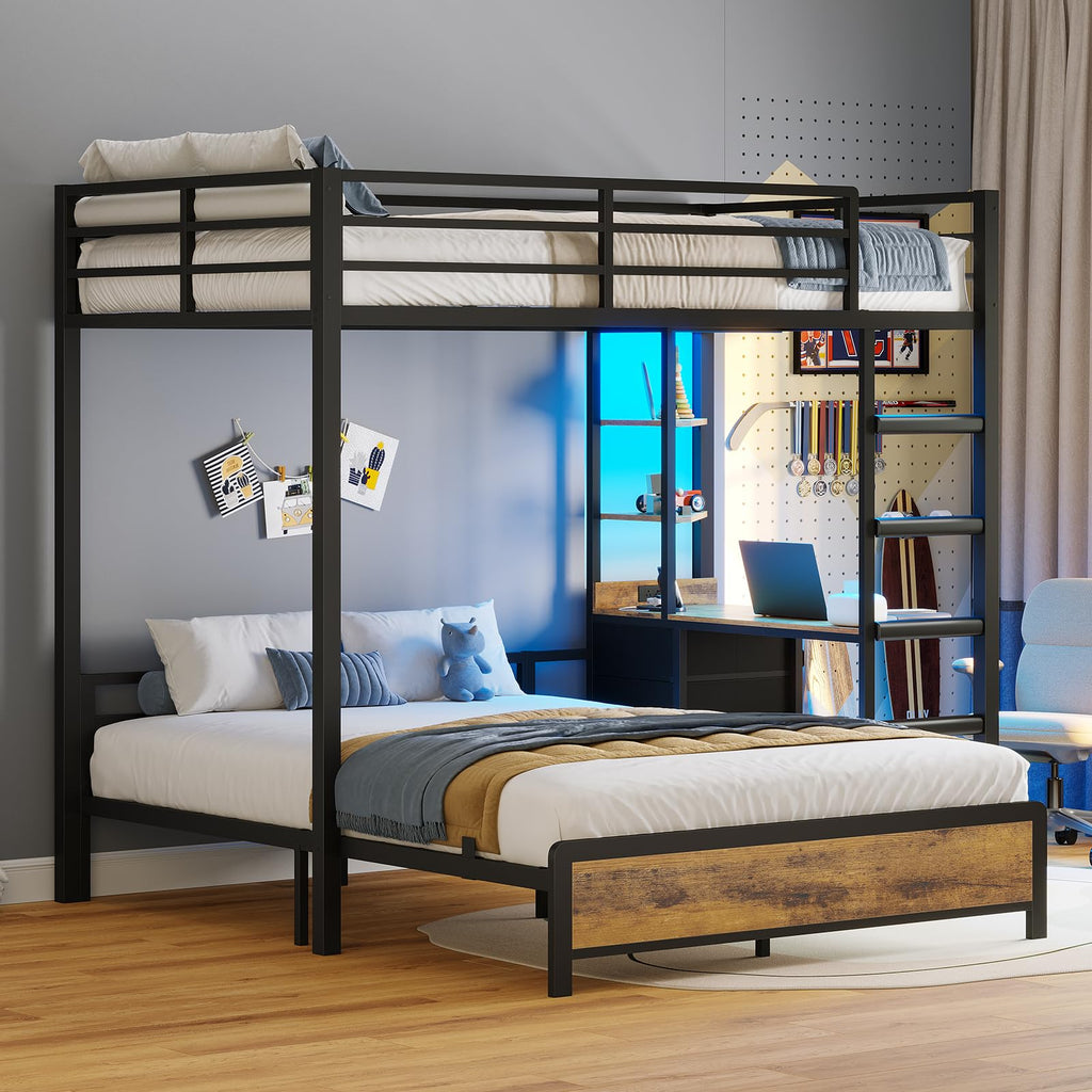 Twin Over Full Bunk Bed with Desk & 4 Storage Drawers, Black P104