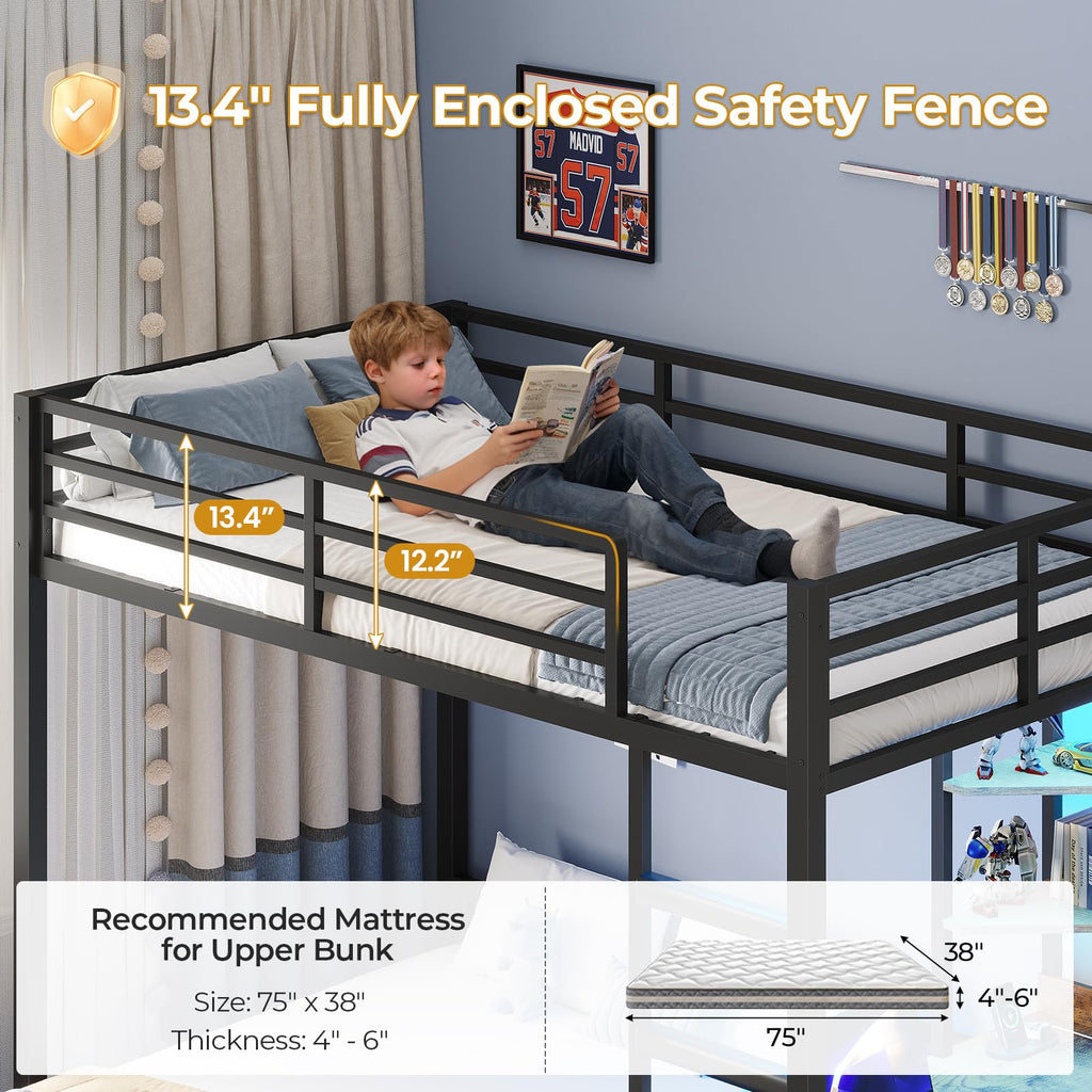 Twin Over Full Bunk Bed with Desk & 4 Storage Drawers, Black P104