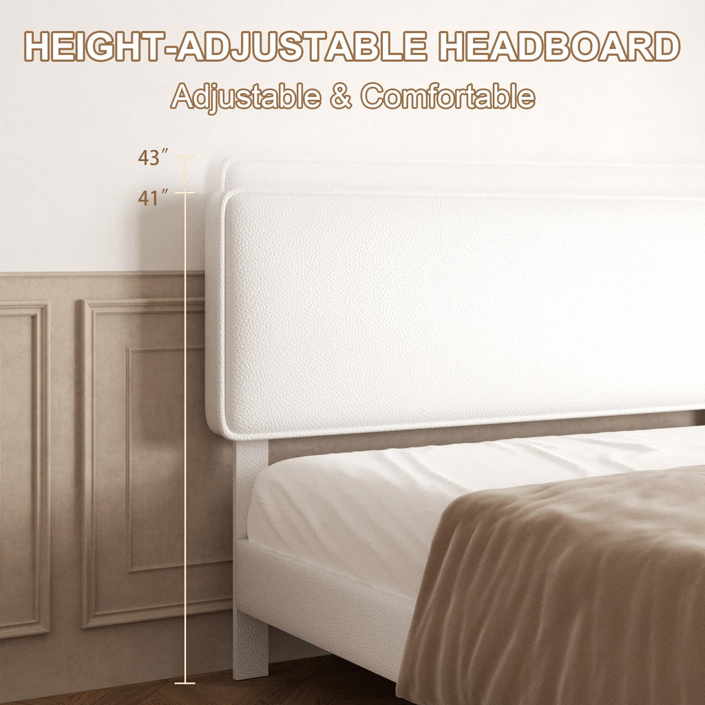White Upholstered Bed Frame with Adjustable Headboard O3555