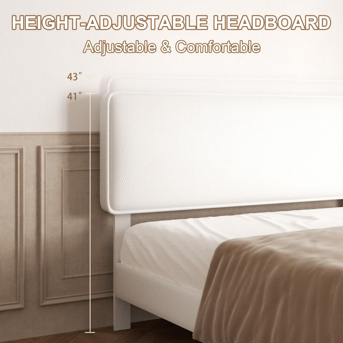 White Upholstered Bed Frame with Adjustable Headboard O3555