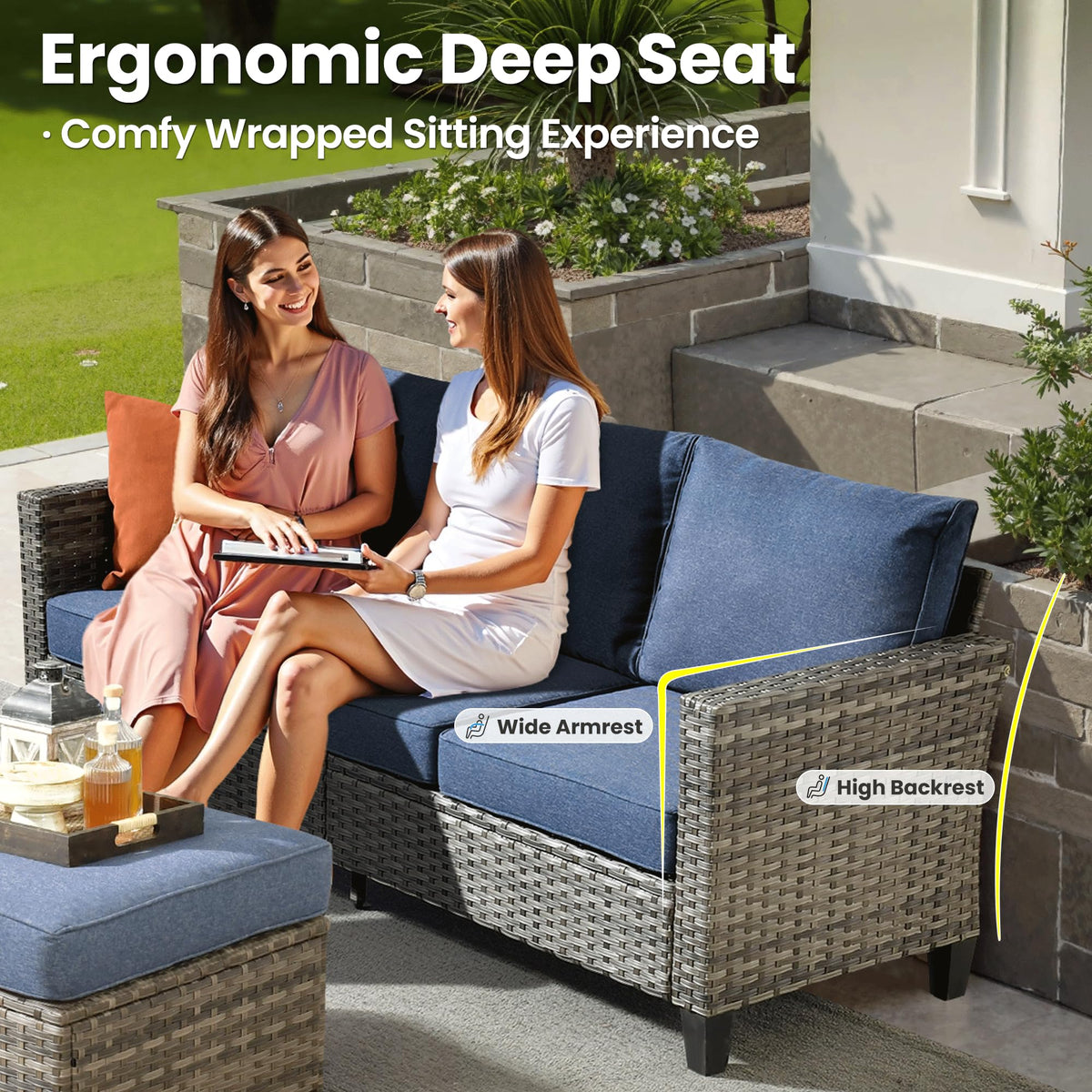 3 Pieces Wicker Patio Sofa Set with Ottomans Denim Blue U434193
