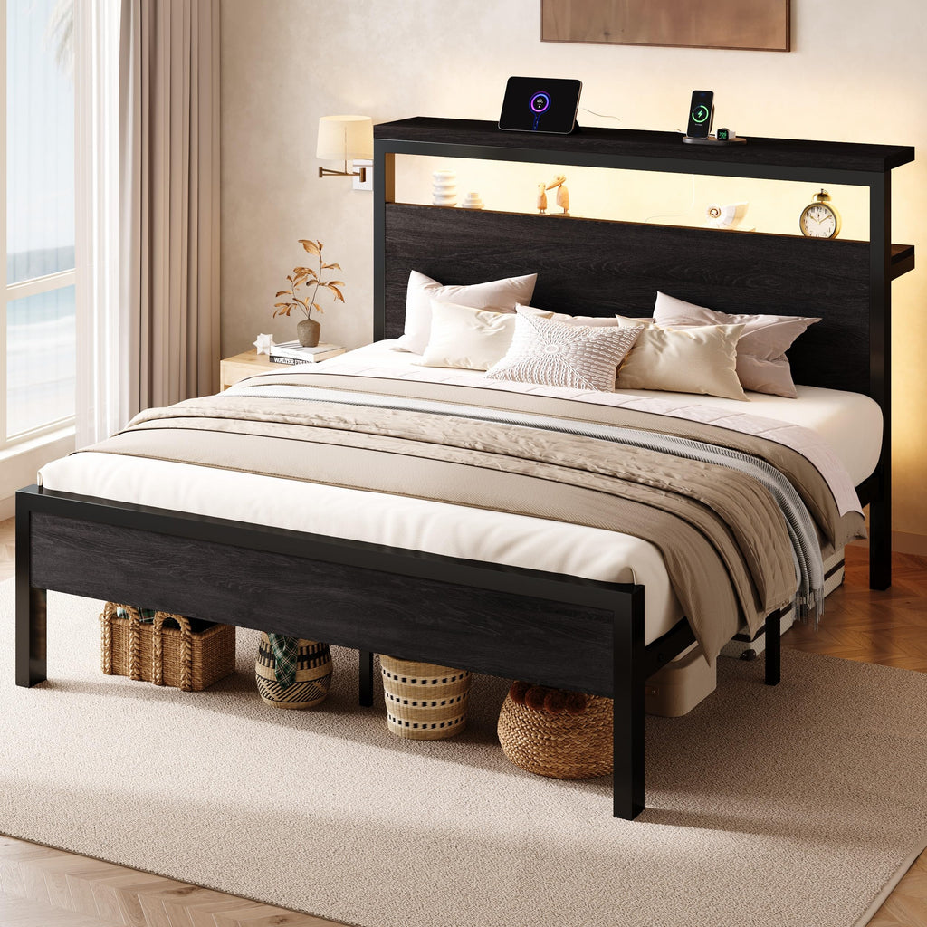 Full Bed Frame with 2-Tier Storage Headboard W78855